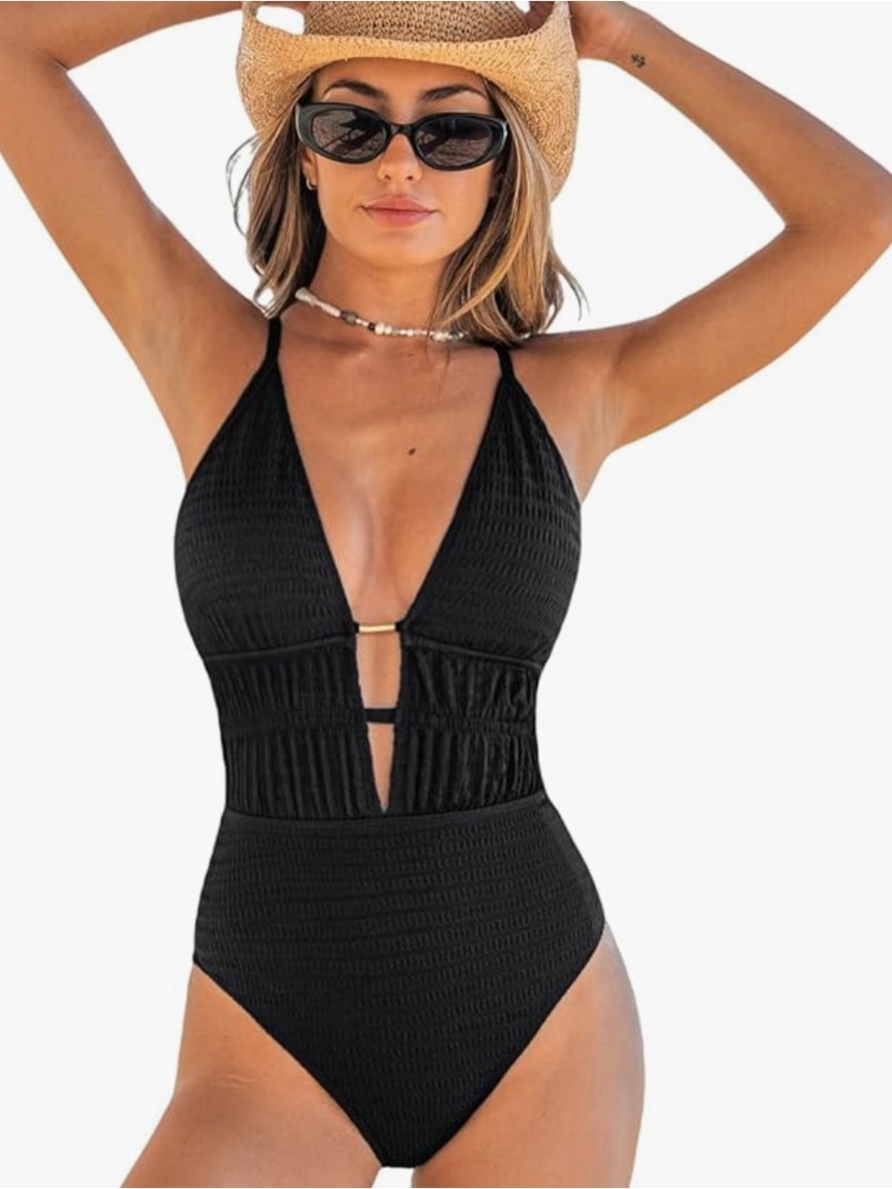 Cupshe NWT M Black textured gathered Plunge gold accent SEXY One-Piece Swimsuit